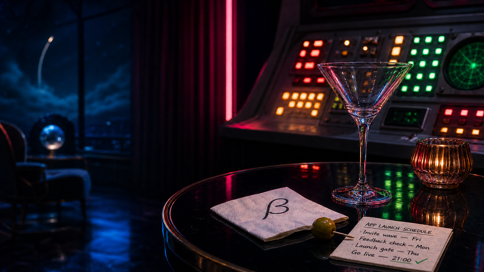 A neon launch-control lounge with a martini glass, olive toothpick, and launch schedule on the table.